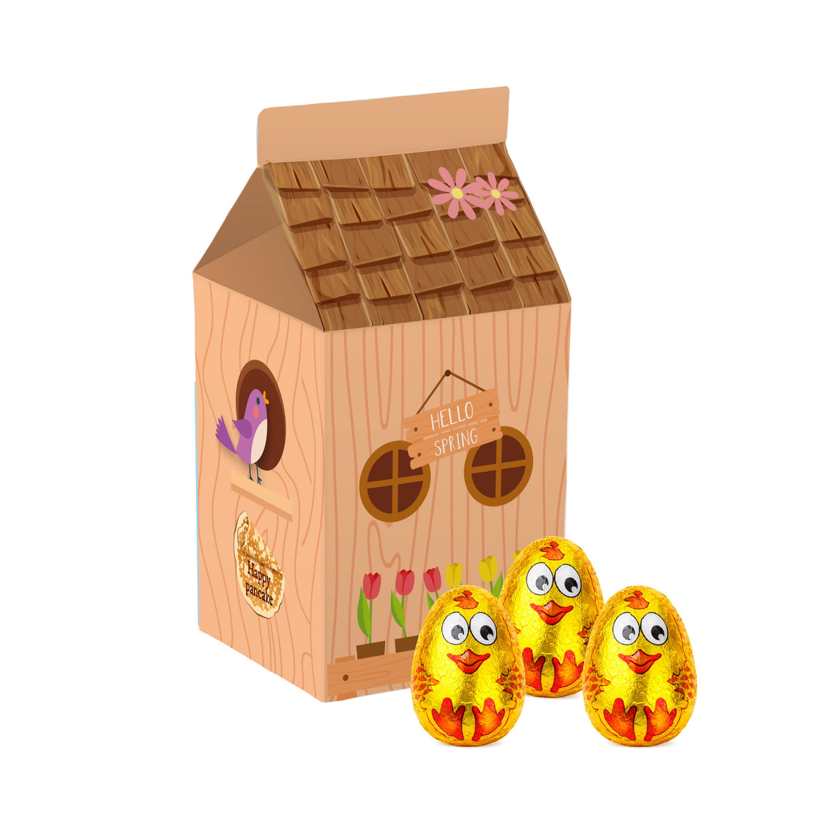 Kartonnen melkpak met all-over bedrukking, gevuld met snoep of pepermunt: Gouden chocolade kuikens