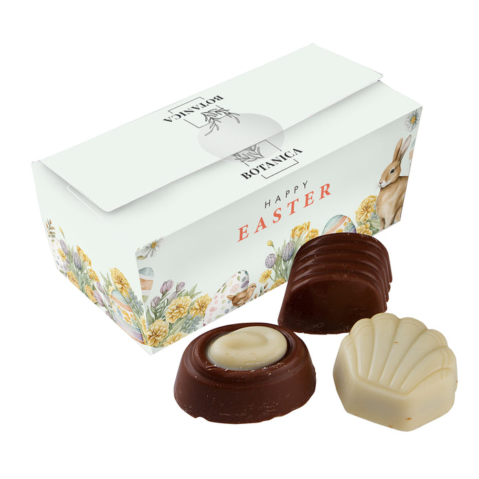 Langwerpige ballotin met all-over bedrukking en tien Belgische bonbons