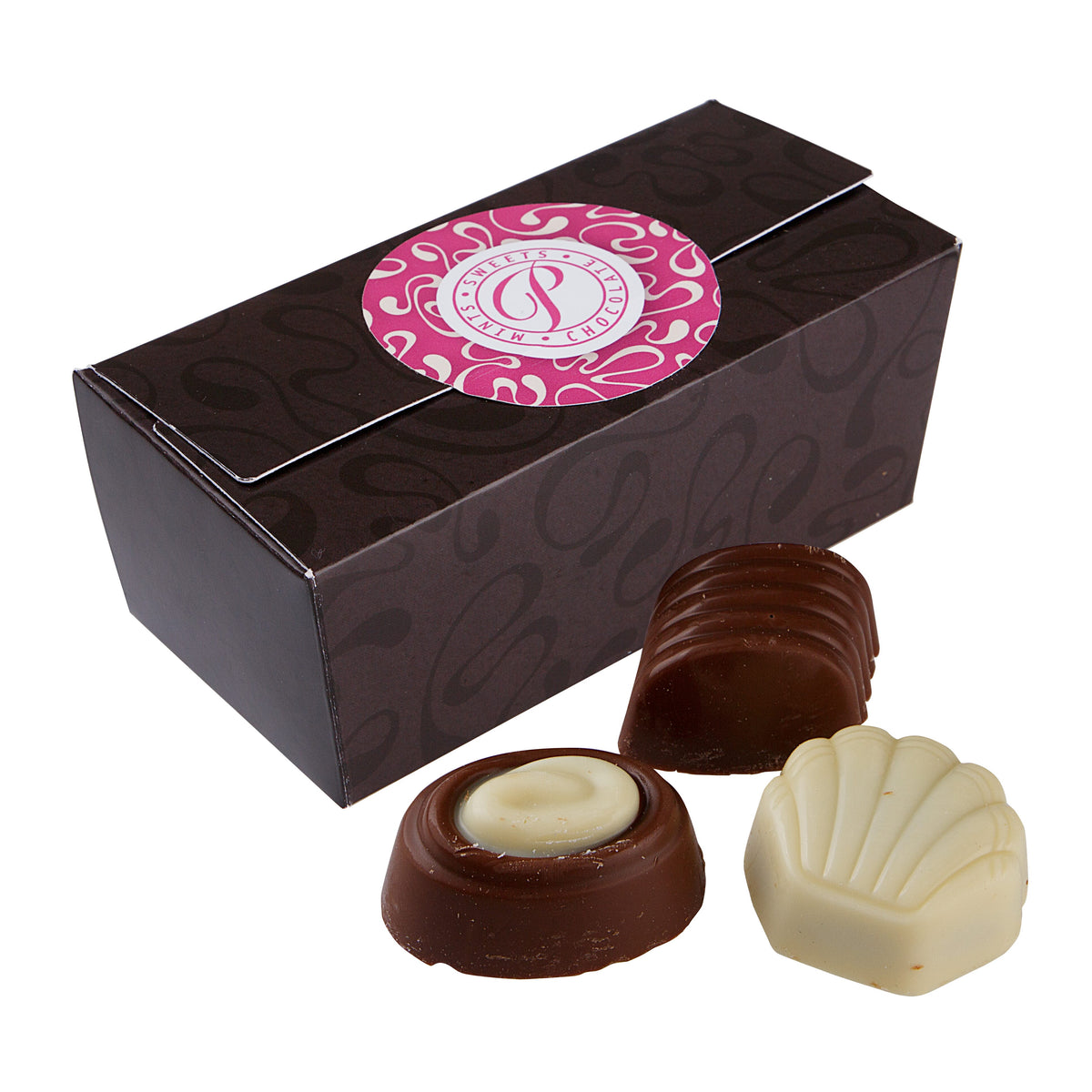 Zwarte ballotin met full colour sticker op het deksel en tien Belgische bonbons