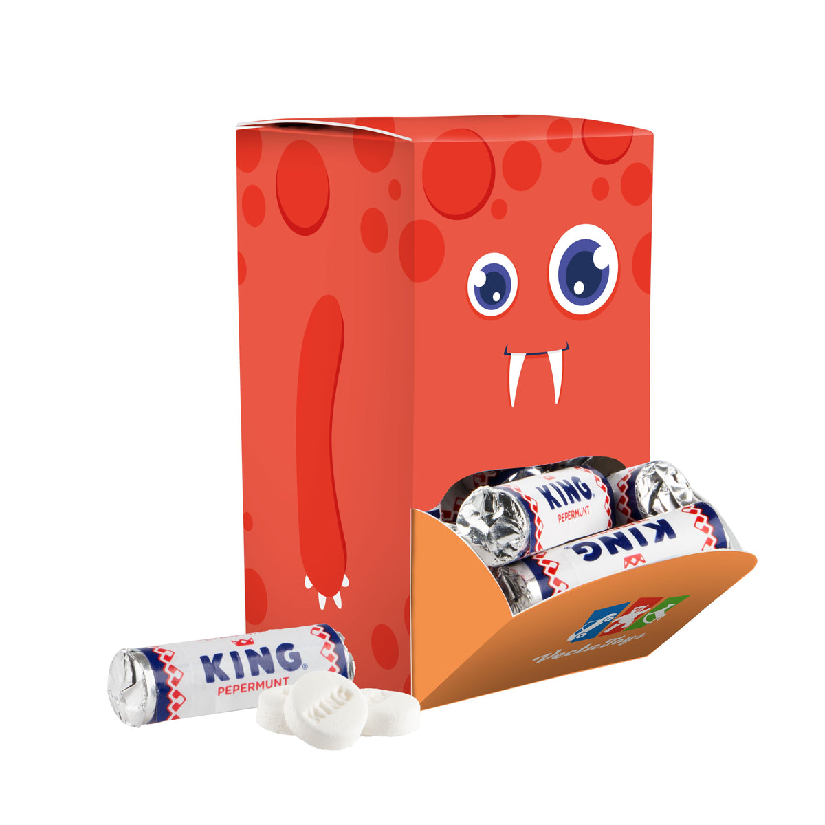 Kleine display box met full colour bedrukking, gevuld met snoep: Mini rol KING pepermunt