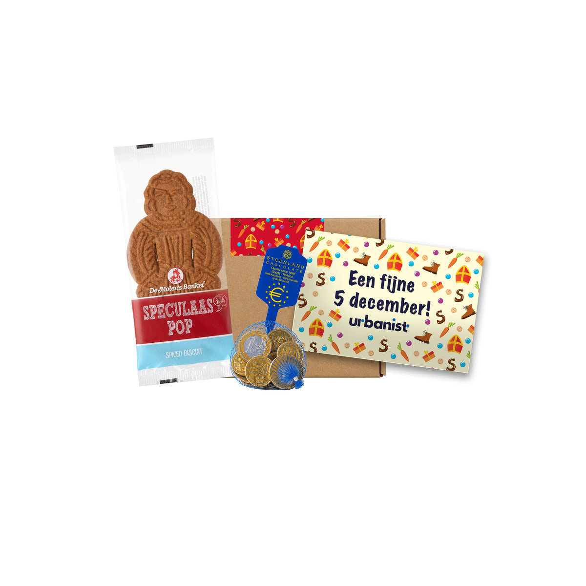 Bruin Sinterklaas brievenbusdoosje met speculaaspop, chocolademunten en bedrukte A6-kaart