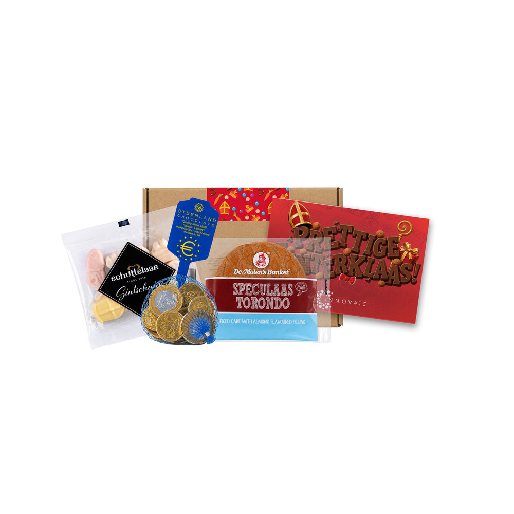 Bruin Sinterklaas brievenbusdoosje met schuimpjes, Speculaas Torondo, chocolademunten en bedrukte A6-kaart