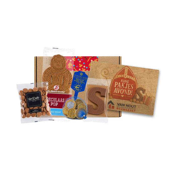Bruin Sinterklaas brievenbusdoosje met kruidnoten, chocolade schoenletter, speculaaspop, chocolademunten en bedrukte A5-kaart