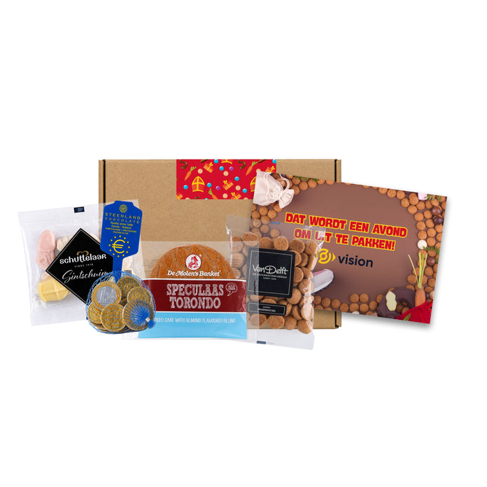 Bruin Sinterklaas brievenbusdoosje met kruidnoten, schuimpjes, chocolademunten, Speculaas Torondo en bedrukte A5-kaart