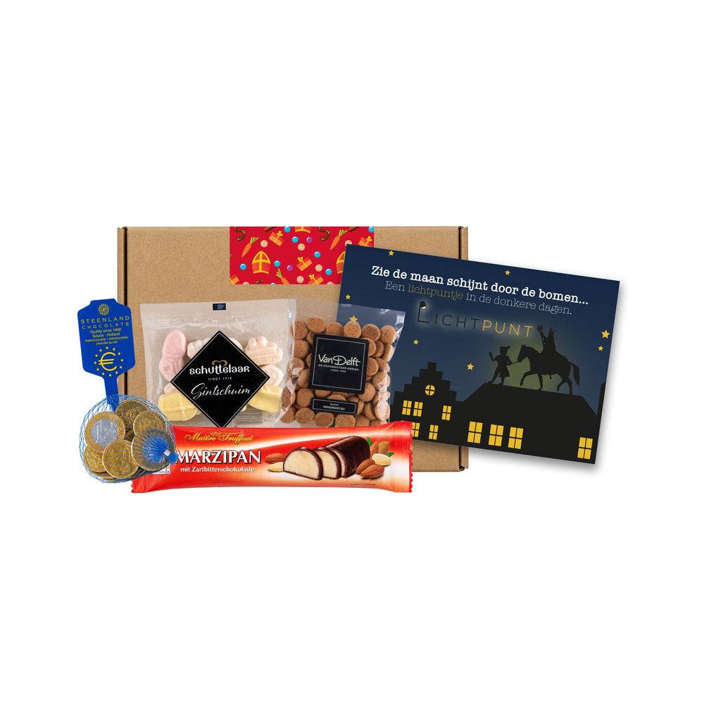 Bruin Sinterklaas brievenbusdoosje met kruidnoten, schuimpjes, chocolademunten, marsepeinreep en bedrukte A5-kaart