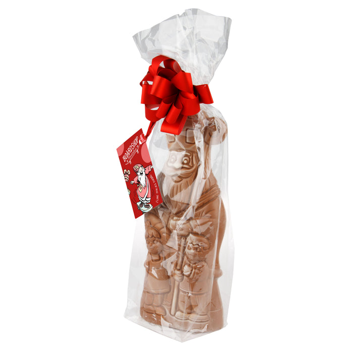 Holle Sinterklaaspop van melkchocolade in transparant zakje met full colour bedrukt kaartje