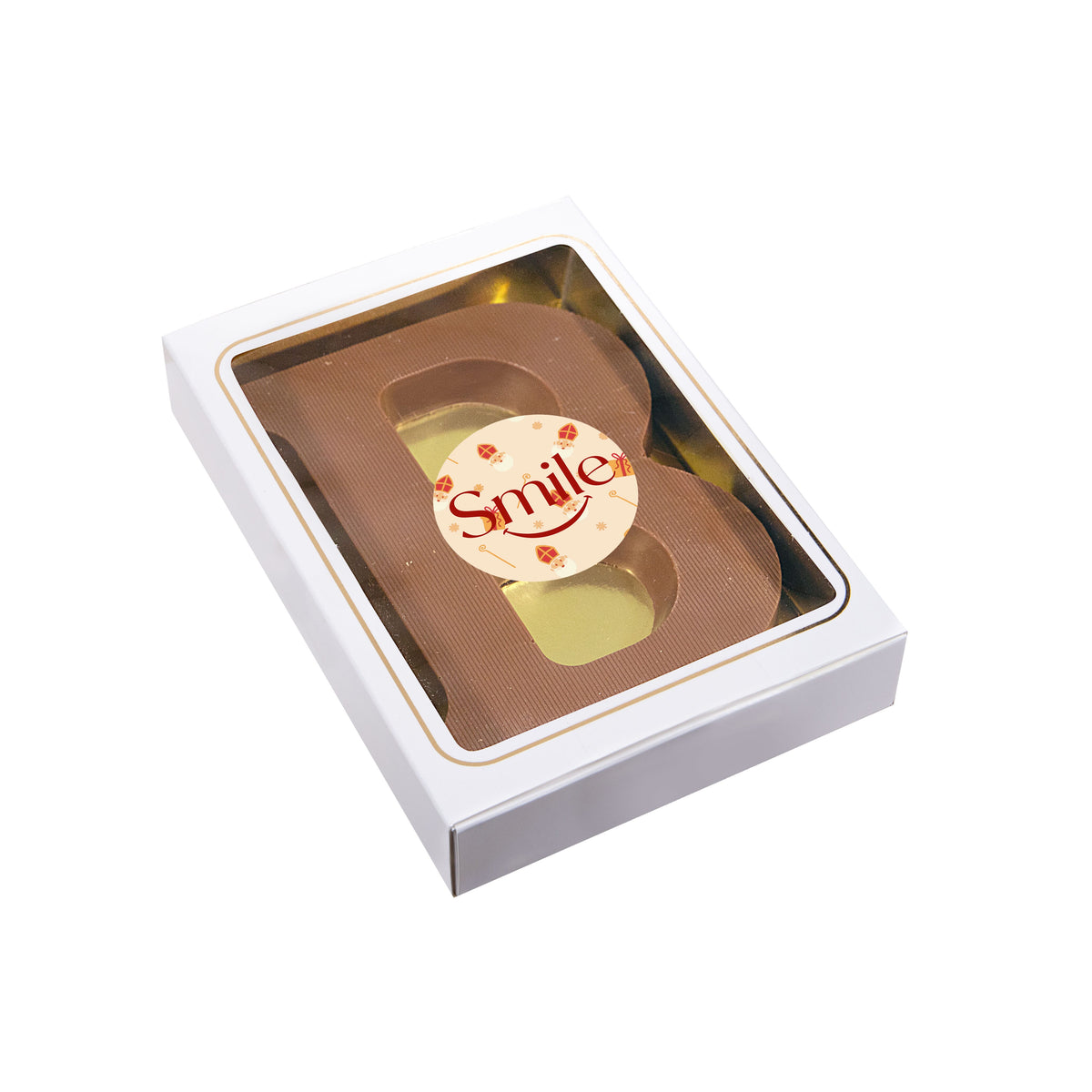 Chocoladeletter van melkchocolade in wit doosje met full colour sticker met logo op de voorzijde