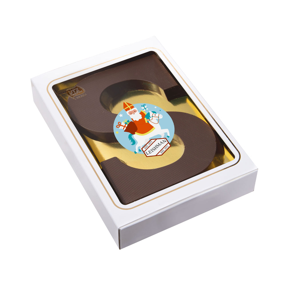 Chocoladeletter S van pure chocolade in wit doosje met full colour sticker met logo