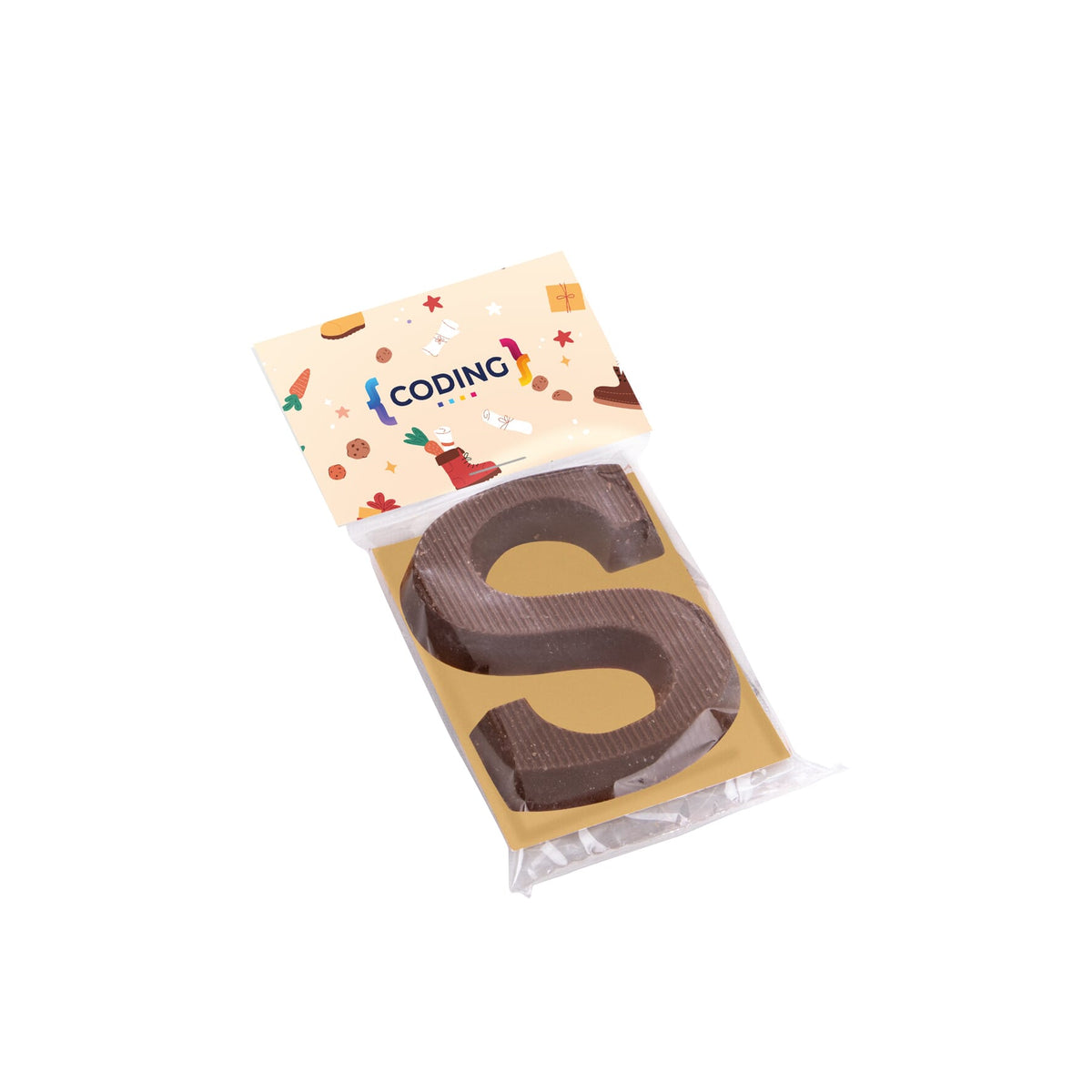 Schoenletter S van melkchocolade in transparante verpakking met full colour bedrukt kopkaartje