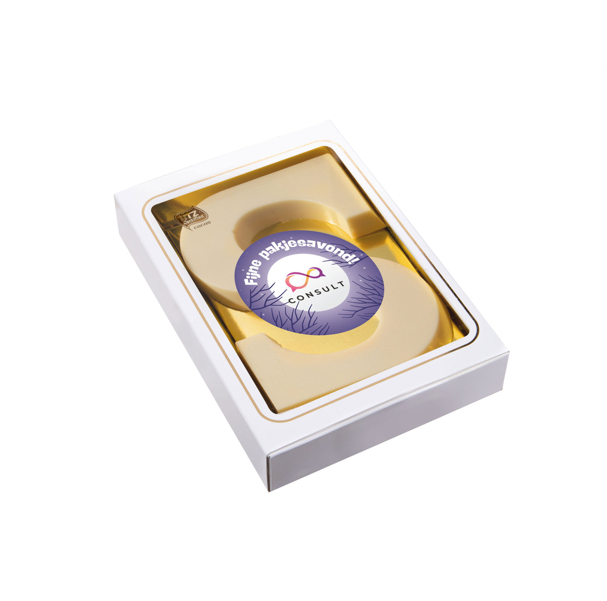 Chocoladeletter van 200 gram witte chocolade in wit doosje met full colour sticker met logo