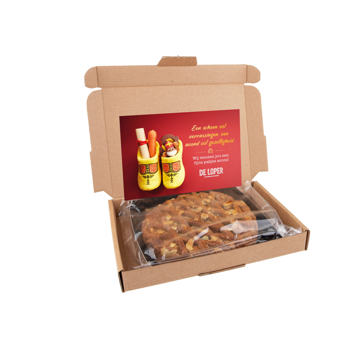Bruin A5-brievenbusdoosje met speculaastaartje, bedrukte kaart en sinterklaassticker