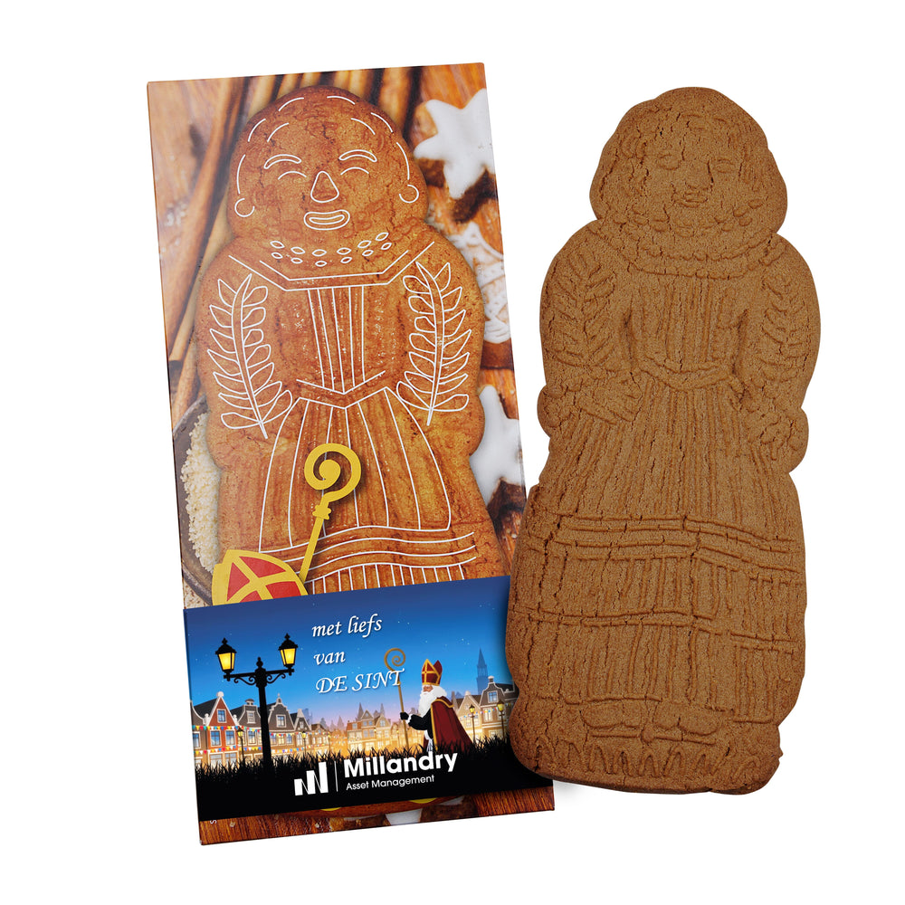 Grote speculaaspop in doosje met full colour bedrukte papieren wikkel