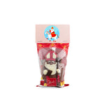 Kleine holle melkchocolade Sinterklaaspop in flowpack met bedrukt kopkaartje