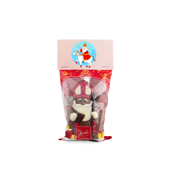 Kleine holle melkchocolade Sinterklaaspop in flowpack met bedrukt kopkaartje
