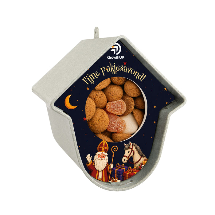 Strooigoedhuisje Evie gevuld met strooigoed en bedrukt met logo
