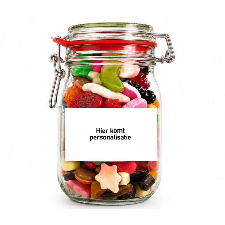 Snoeppot met eigen etiket (weckpot 1000 ml), vanaf 25 stuks