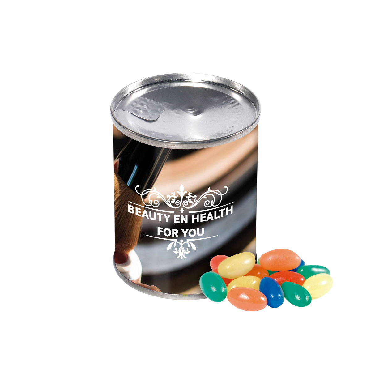 Blikje gevuld met jelly beans, met rondom een full colour bedrukte sticker