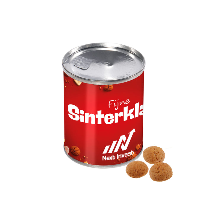 Blikje gevuld met kruidnootjes, met rondom een full colour sticker