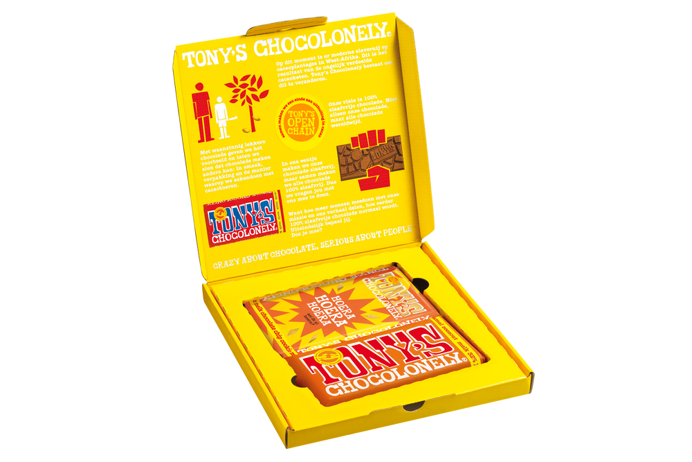 Tony's Chocolonely Kadoos Gefeliciteerd, geopende verpakking