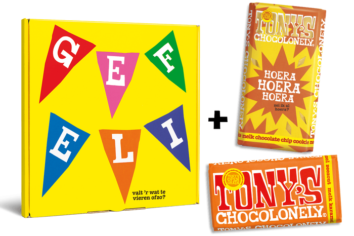 Tony's Chocolonely Kadoos Gefeliciteerd, cadeaudoos met 2 repen