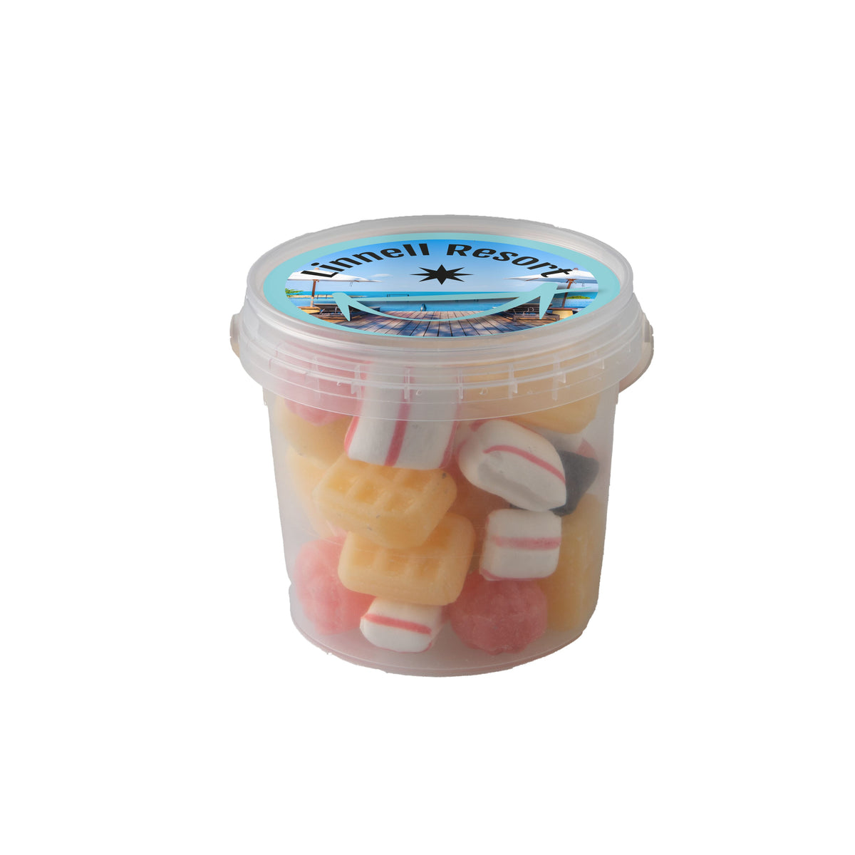 Transparant mini emmertje gevuld met snoep, met full colour sticker op het deksel: Oud Hollandse mix