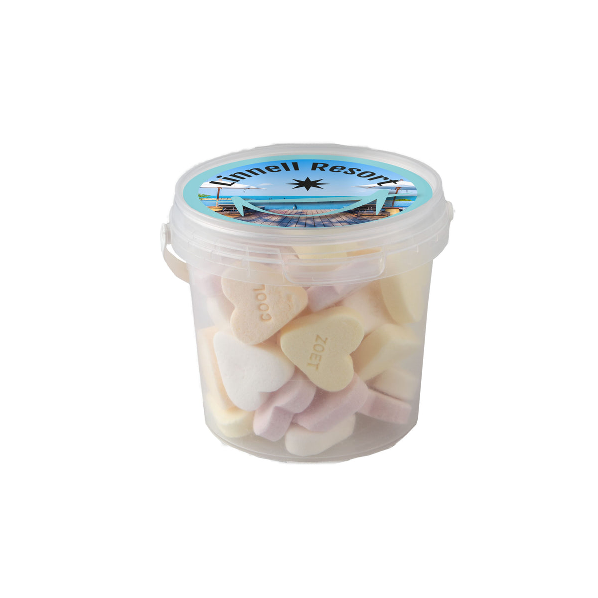 Transparant mini emmertje gevuld met snoep, met full colour sticker op het deksel: Vruchtenhartjes