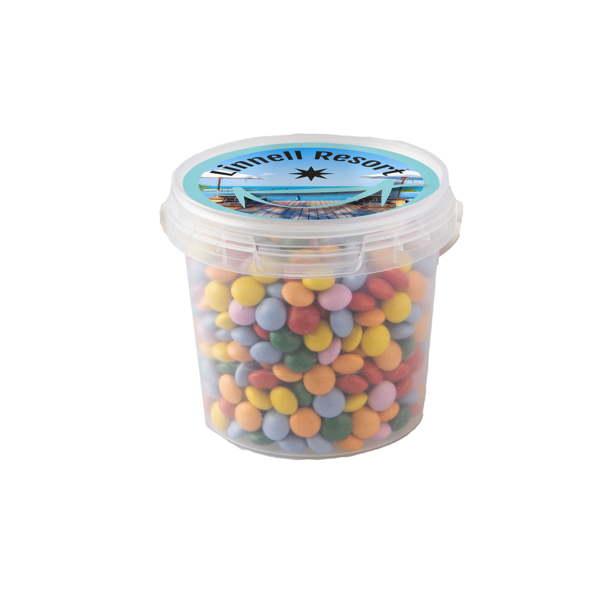 Transparant mini emmertje gevuld met snoep, met full colour sticker op het deksel: Mini choco