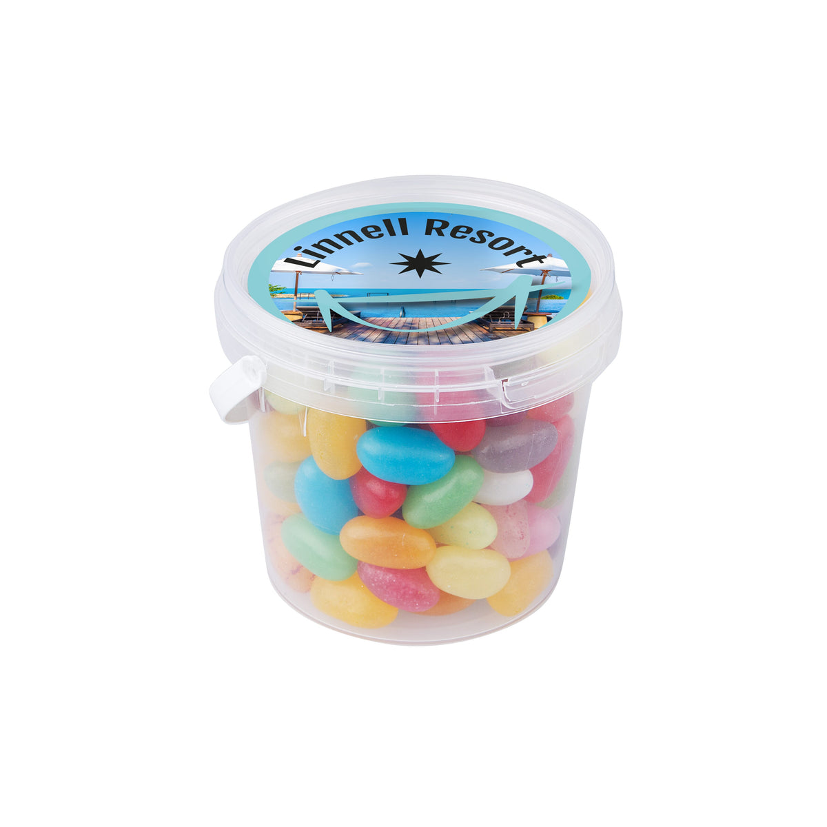 Transparant mini emmertje gevuld met snoep, met full colour sticker op het deksel: Jelly beans