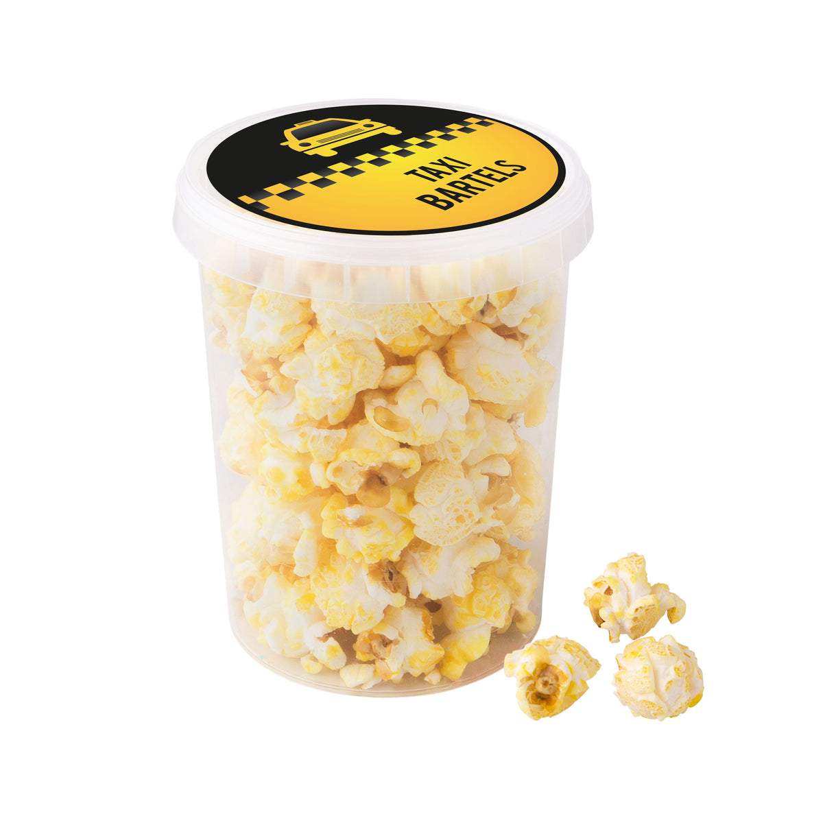 Transparante beker met popcorn en full colour sticker op het deksel