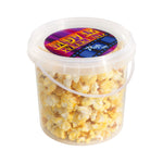 Transparante emmer gevuld met popcorn, met full colour sticker op het deksel
