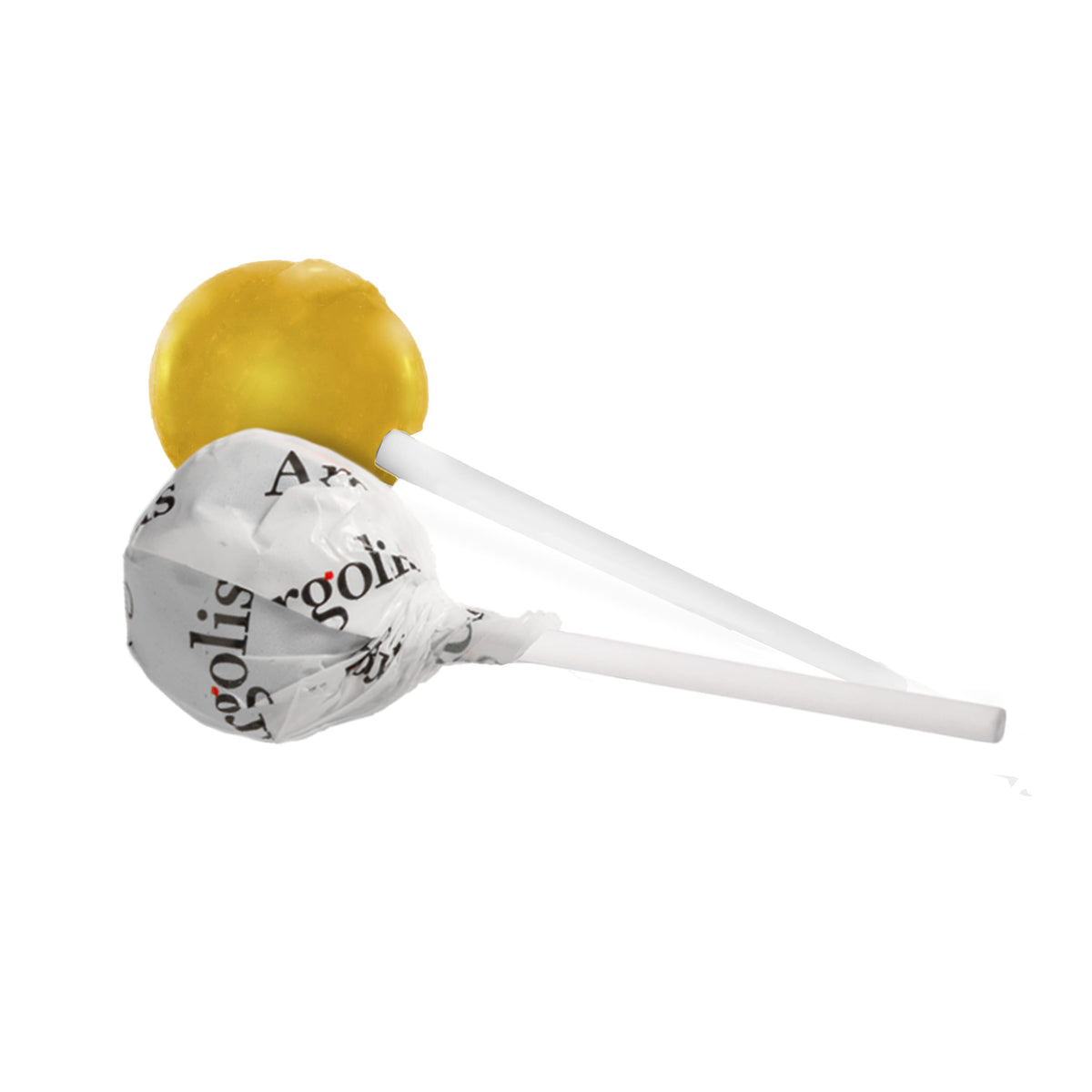 Ronde lolly in witte folie met all-over bedrukking: citroensmaak / Folie Print 1 tot 3 kleuren