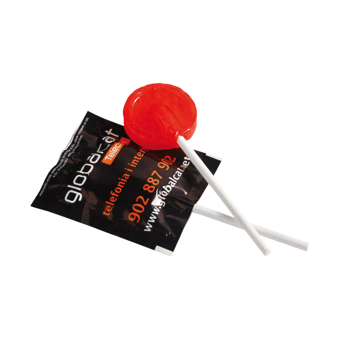 Platte lolly's in bedrukte folie met logo, in verschillende smaken