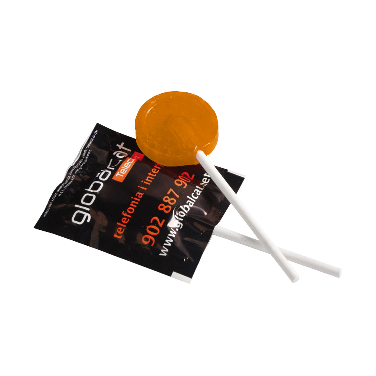 Platte lolly's in bedrukte folie met logo, in verschillende smaken: mandarijnsmaak / Folie Print 1 tot 3 kleuren
