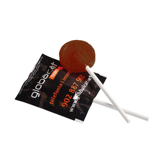 Platte lolly's in bedrukte folie met logo, in verschillende smaken: colasmaak / Folie Print 1 tot 3 kleuren