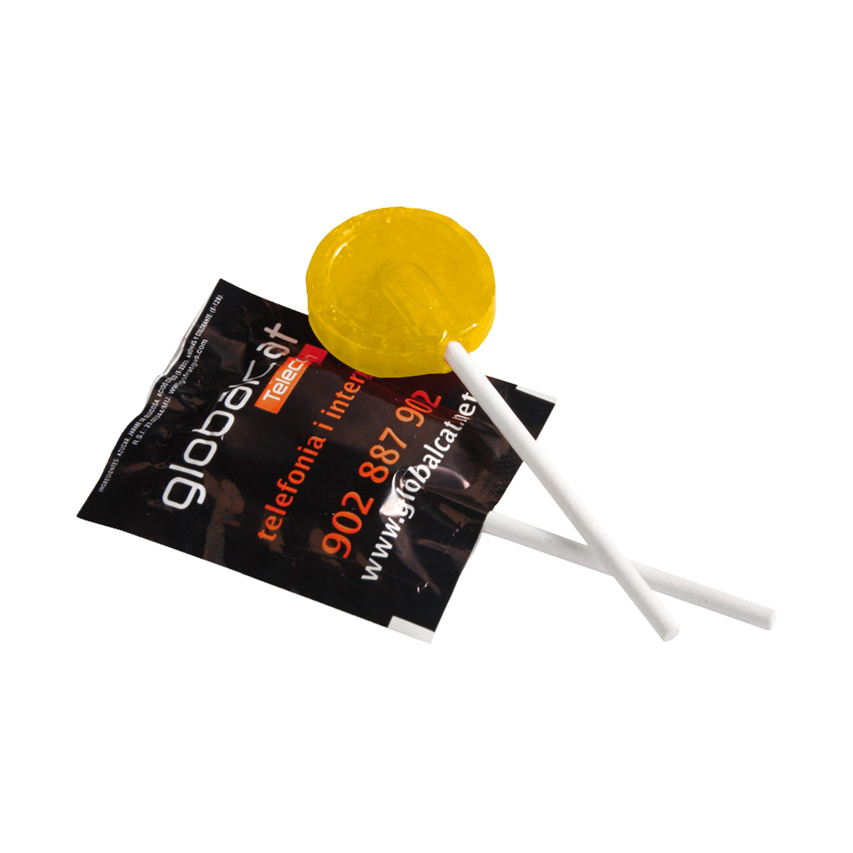 Platte lolly's in bedrukte folie met logo, in verschillende smaken: citroensmaak / Folie Print 1 tot 3 kleuren
