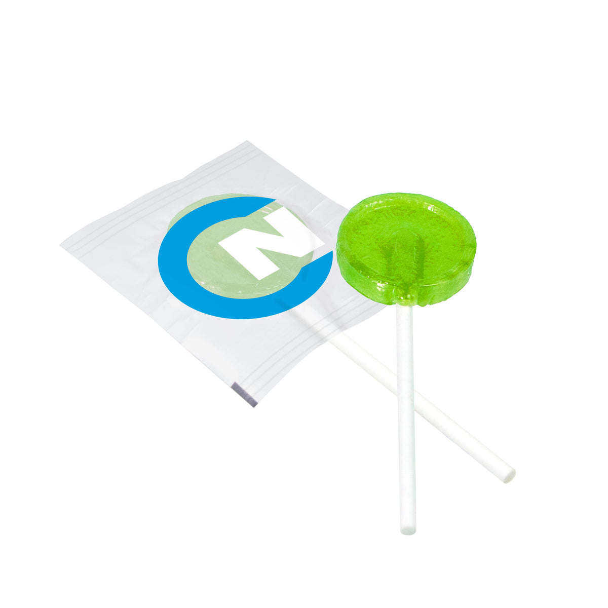 Platte lolly's in bedrukte folie met logo, in verschillende smaken: appelsmaak / Folie Print 1 tot 3 kleuren