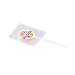 Platte lolly in transparante folie met full colour sticker met logo
