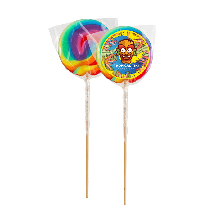 Grote regenbooglolly op stokje met full colour sticker met logo