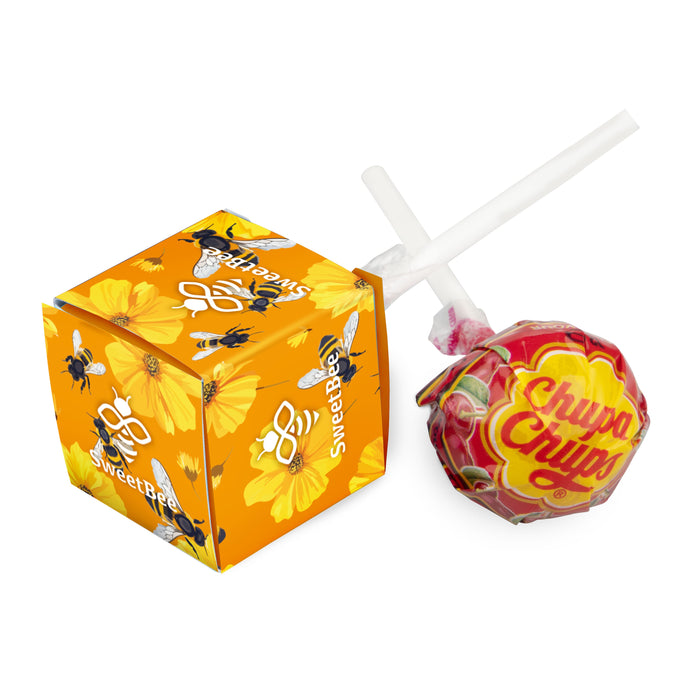 Chupa Chups lolly in een full colour bedrukt doosje met logo