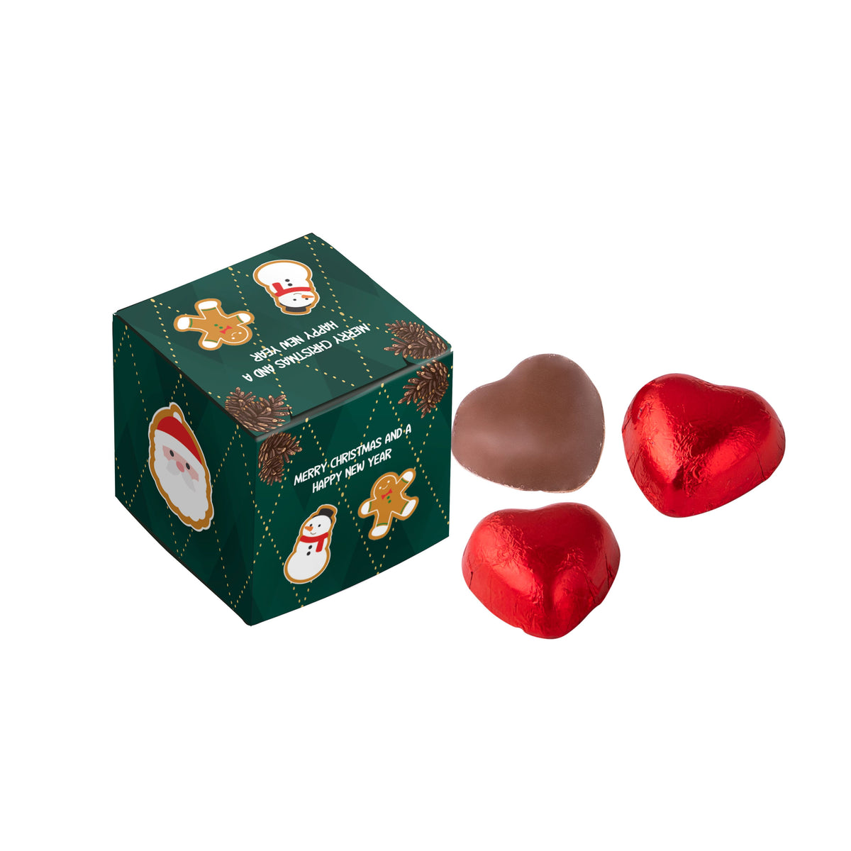 Full colour bedrukt doosje met drie chocolade hartjes in rode folie