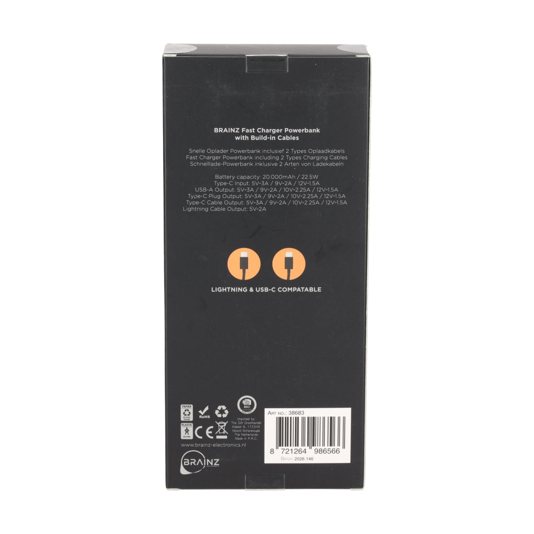 Powerbank Built-in Cables 20.000 mAh van BRAINZ, productfoto 8