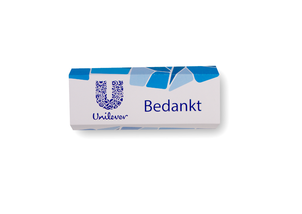 Doosje met 3 logobonbons in een volledig bedrukte huls met de tekst Bedankt