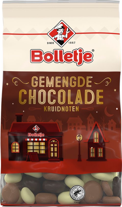 Alt Tag: Bolletje Chocolade Kruidnoten zakken a 250 gram per doos – Bolletje gemengde chocolade kruidnoten uitdeelzak