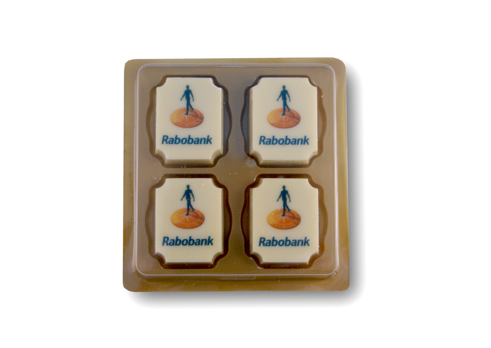 Doosje met 4 rechthoekige logobonbons met voorbeeldlogo