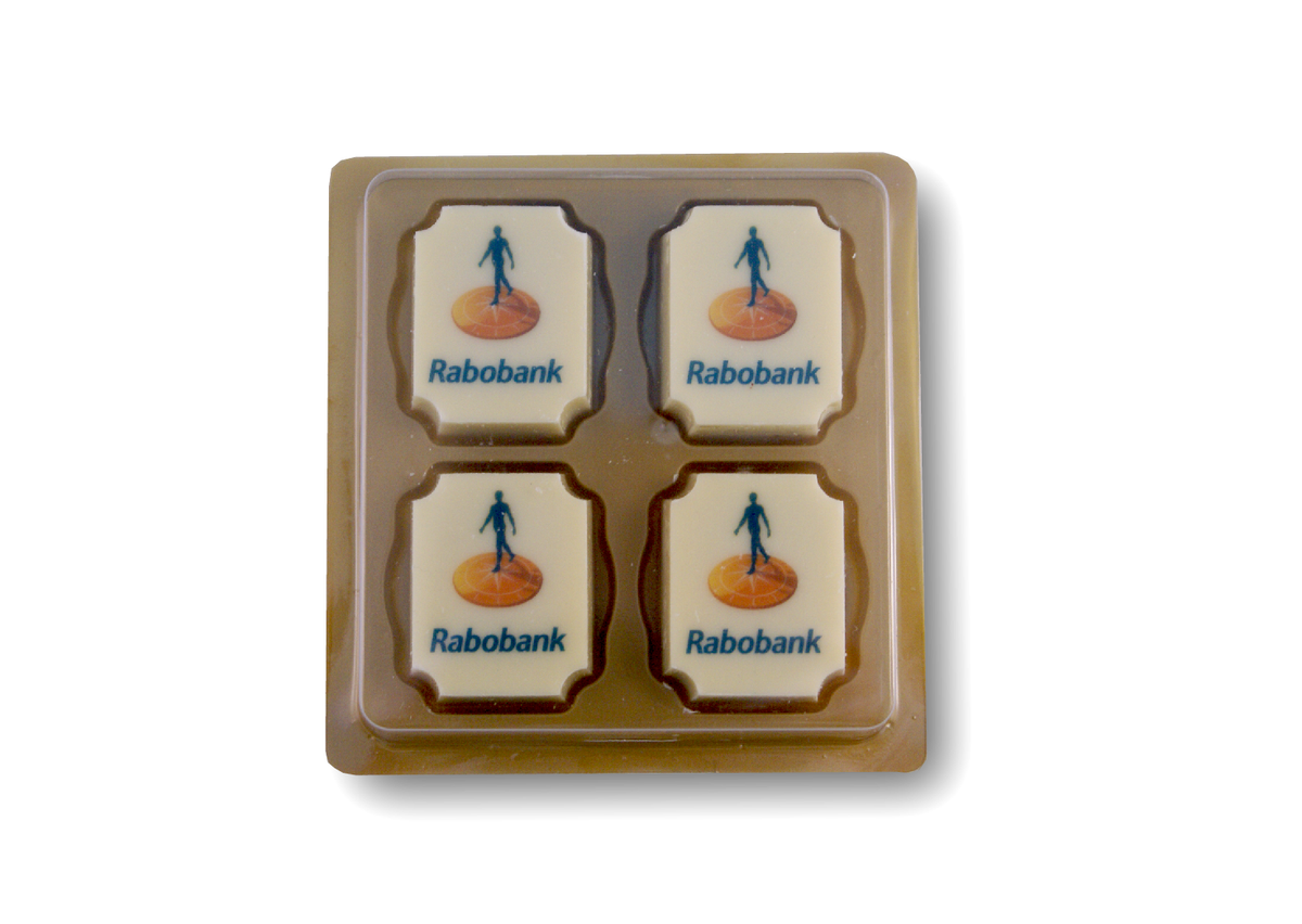 Doosje met 4 rechthoekige logobonbons met voorbeeldlogo