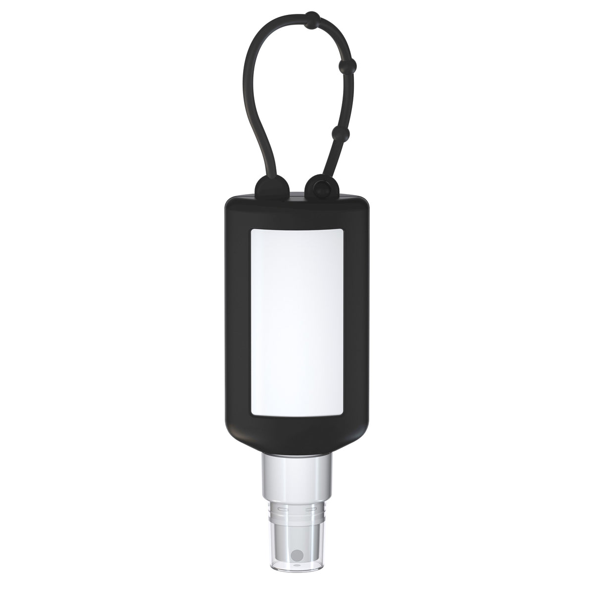 Insectenspray met icaridine in flacon van 50 ml met siliconen hoes en ophanglus, hoes in zwart, zonder opdruk