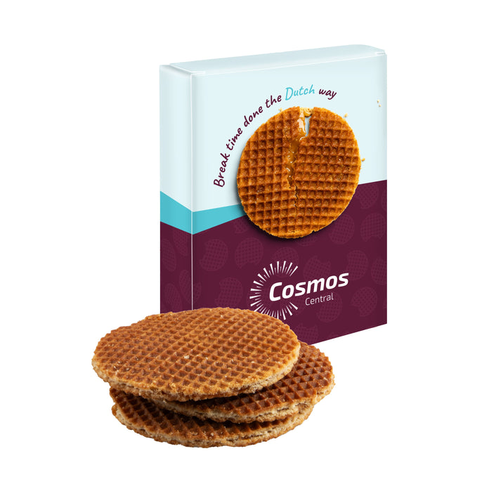 Full colour bedrukt doosje met drie per stuk verpakte roomboter stroopwafels