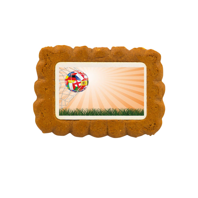 Biscuitje met full colour bedrukt logo, verpakt in transparante folie: karamel