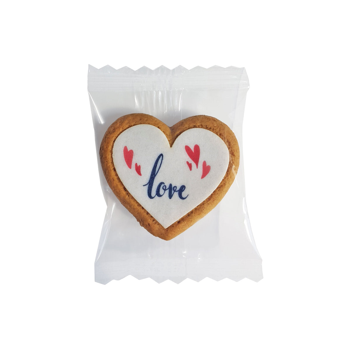 Hartvormig koekje met full colour bedrukt logo, per stuk in folie verpakt