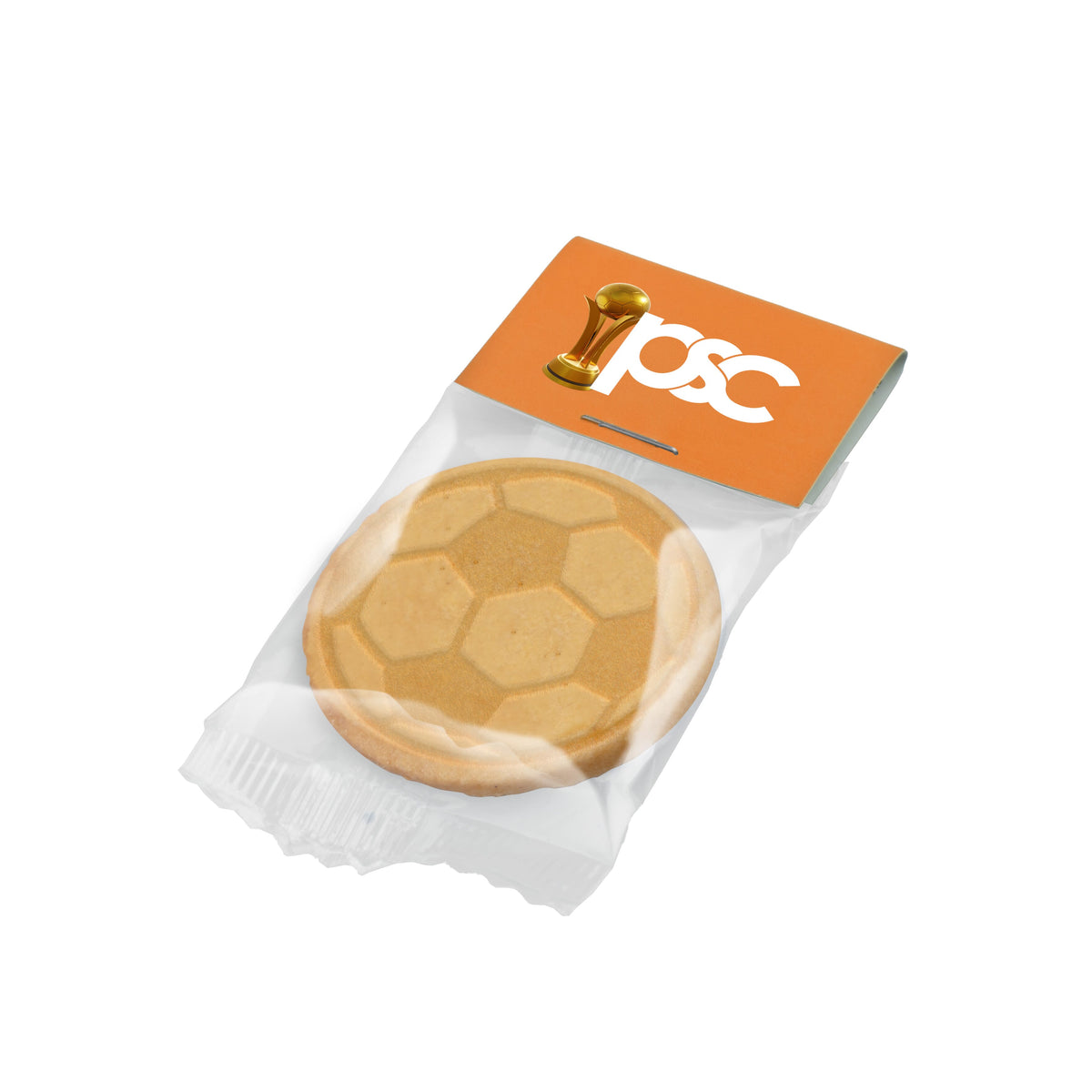 Rond vanillekoekje met logo in reliëf in transparant zakje met bedrukt kopkaartje